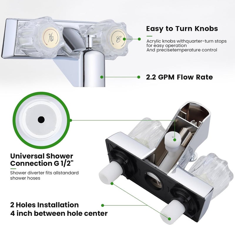 gcbcrit RV Shower Faucet with Hose and Head, RV Outdoor Shower Kits, RV Tub Faucet with Shower Diverter Outdoor Shower Kit Fits for RV/Campers,Travel Trailer,Motorhome (Bathtub Faucet Kit, Chrome) - Image 4
